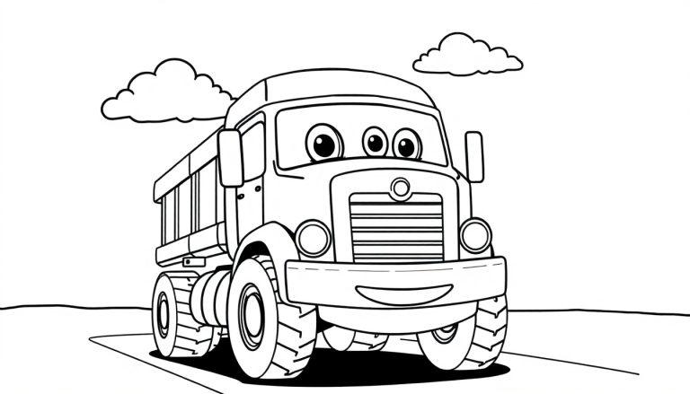 Cartoon-Farbtafel eines freundlichen Müllwagens mit großen Augen und einem Lächeln, bereit zum Ausmalen.