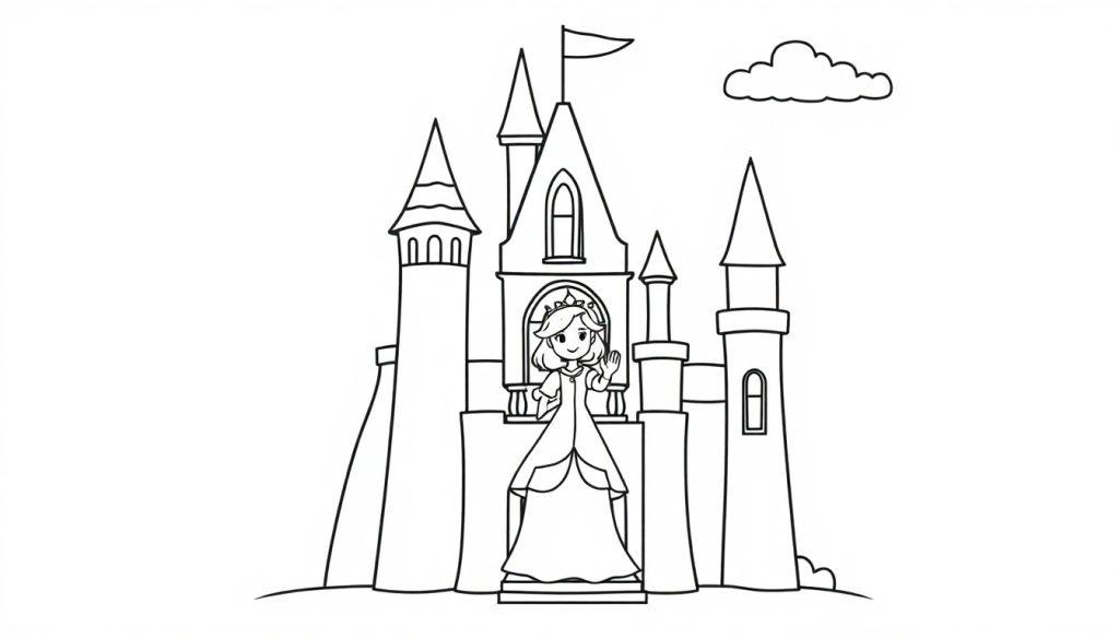 Eine Schwarz-Weiß-Farbtafel-Zeichnung eines märchenhaften Schlosses mit Prinzessin, die winkt.
