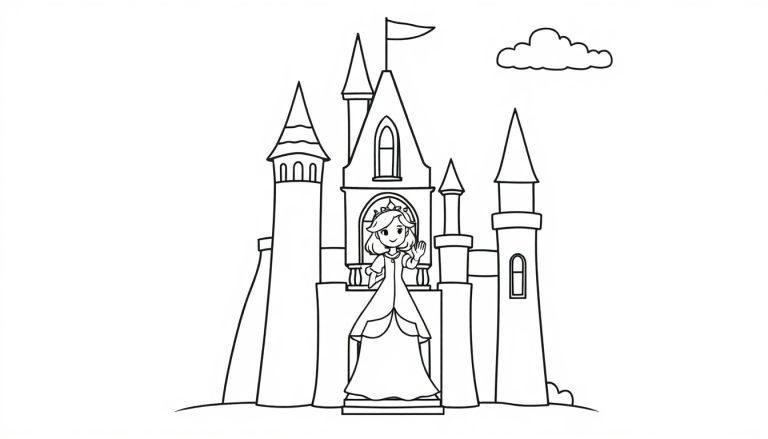 Eine Schwarz-Weiß-Farbtafel-Zeichnung eines märchenhaften Schlosses mit Prinzessin, die winkt.