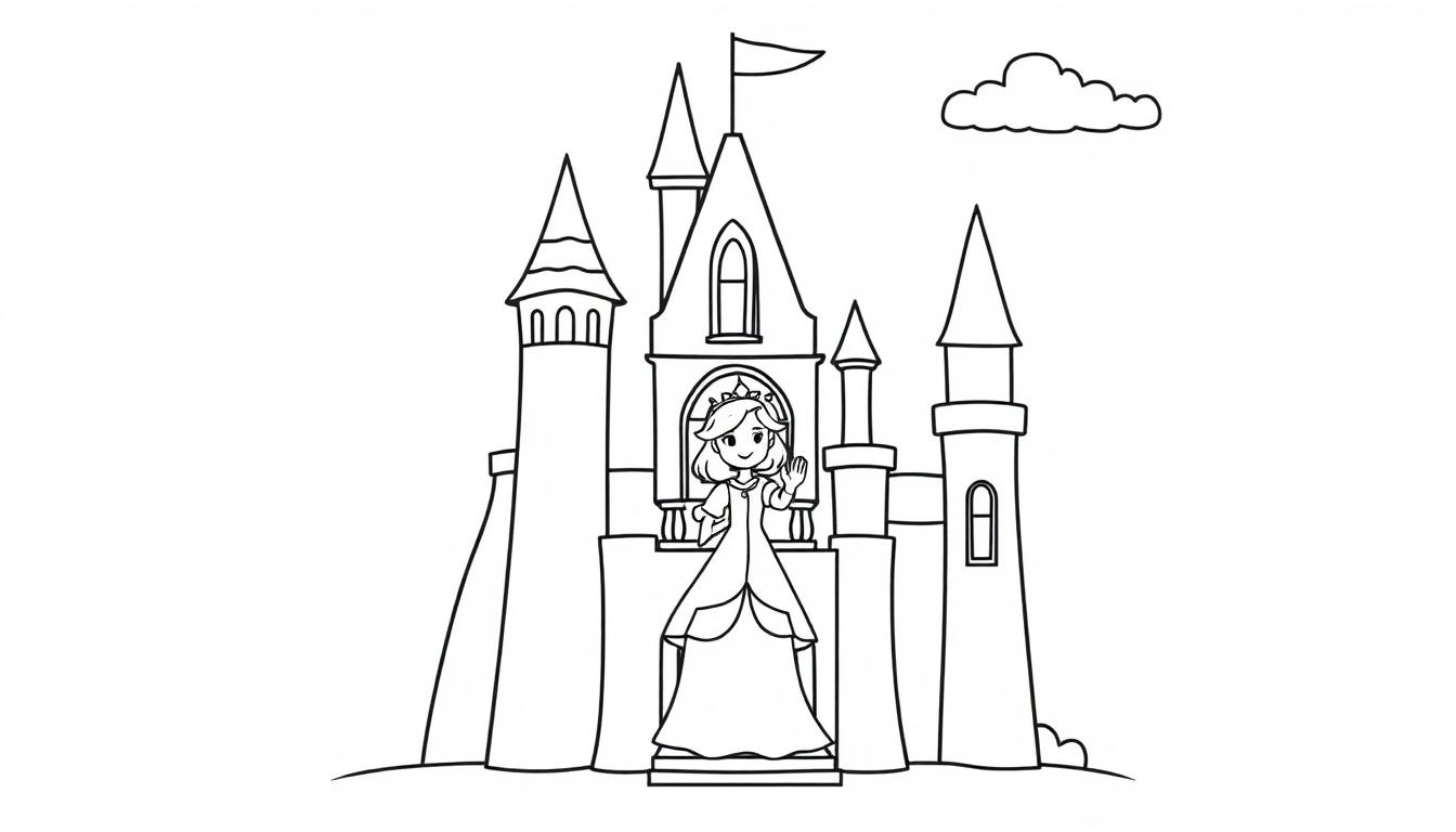 Eine Schwarz-Weiß-Farbtafel-Zeichnung eines märchenhaften Schlosses mit Prinzessin, die winkt.