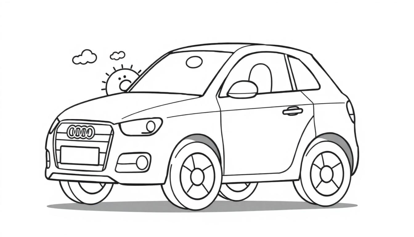 Eine niedliche Audi-Farbtafel-Zeichnung eines Autos mit einem lächelnden Sonnengesicht über sich.
