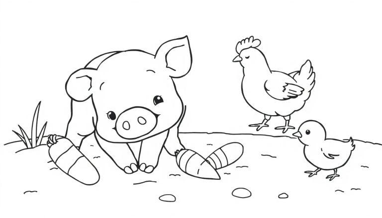 Farbtafel: Ein Schwein und eine Henne mit Küken auf einem Bauernhof zum Ausmalen.