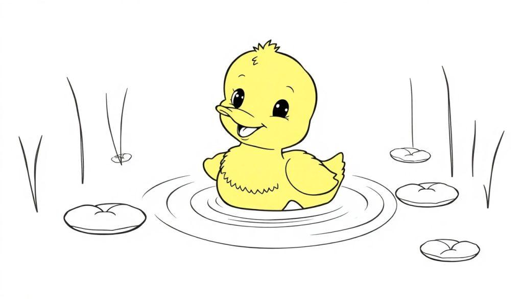 Eine niedliche Cartoon-Ente schwimmt im Wasser auf einer Malvorlage mit Seerosenblättern und Grashalmen.