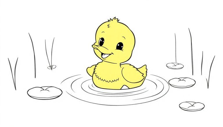 Eine niedliche Cartoon-Ente schwimmt im Wasser auf einer Malvorlage mit Seerosenblättern und Grashalmen.