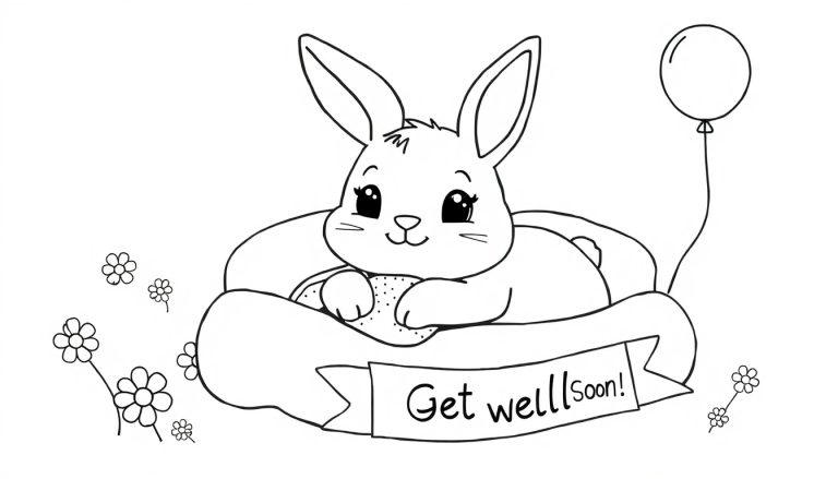 Eine Farbtafel-Illustration eines niedlichen Cartoon-Hasen, der in einem Bett liegt und gute Besserung wünscht.