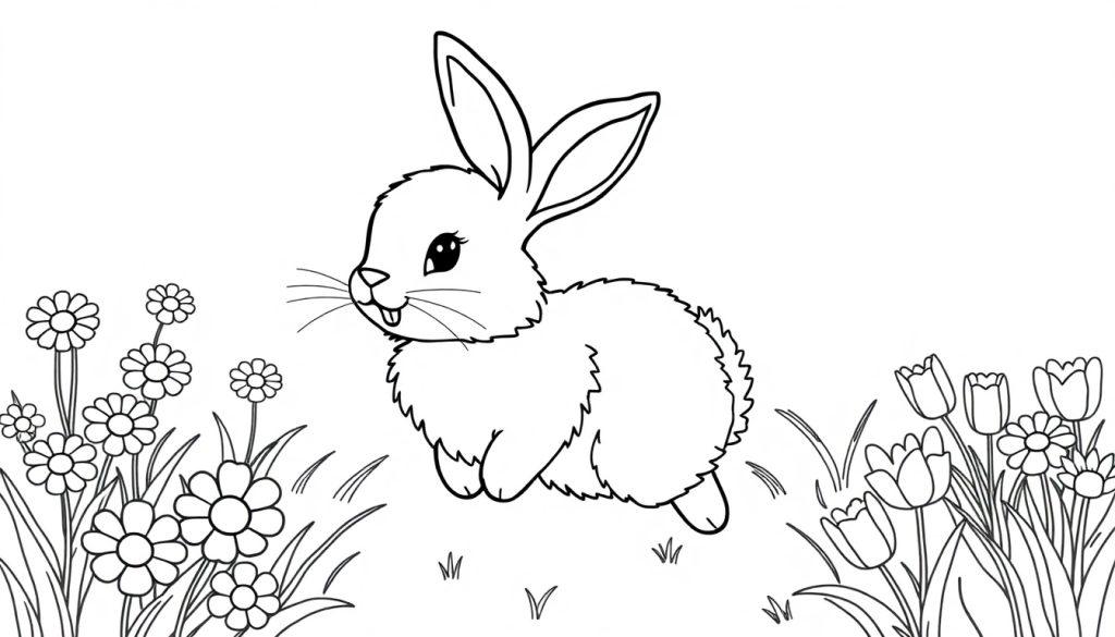 Schwarz-weiße Farbtafel eines niedlichen Hasen, der durch Blumen und Gras hoppelt.