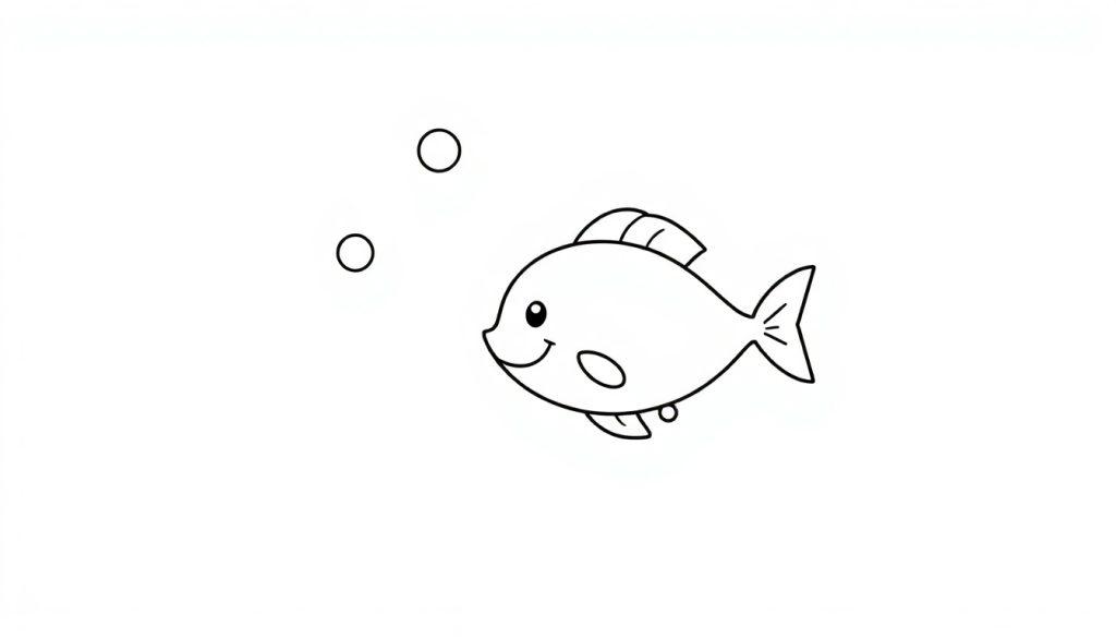 Eine niedliche Schwarz-Weiß-Farbtafel-Strichzeichnung eines Fisches mit einem lächelnden Gesicht und Blasen.