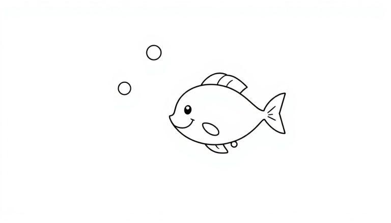 Eine niedliche Schwarz-Weiß-Farbtafel-Strichzeichnung eines Fisches mit einem lächelnden Gesicht und Blasen.