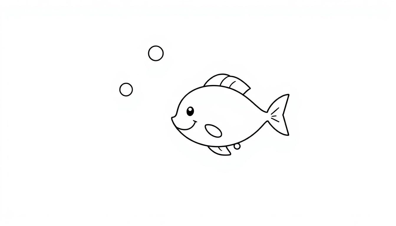 Eine niedliche Schwarz-Weiß-Farbtafel-Strichzeichnung eines Fisches mit einem lächelnden Gesicht und Blasen.