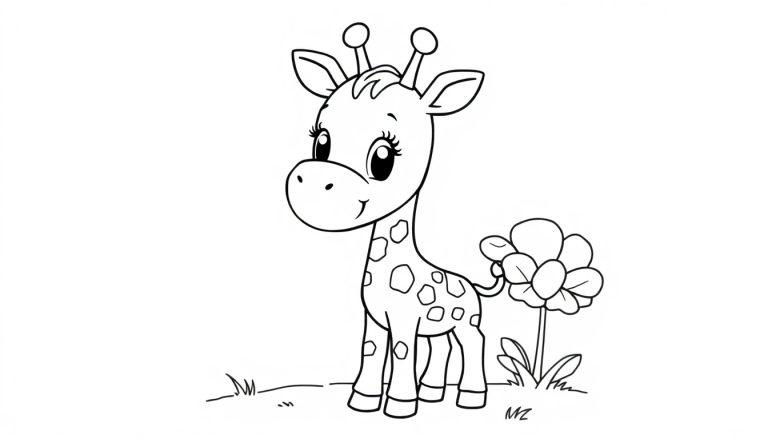 Eine niedliche Cartoon-Giraffe mit großen Augen und Antennen, bereit zum Ausmalen als Farbtafel.