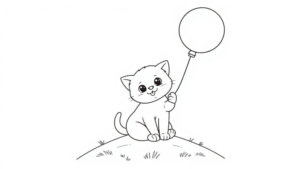 Eine niedliche Cartoon-Katze sitzt auf einem Hügel und hält einen Ballon, bereit zum Ausmalen als Farbtafel.
