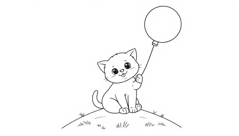 Eine niedliche Cartoon-Katze sitzt auf einem Hügel und hält einen Ballon, bereit zum Ausmalen als Farbtafel.