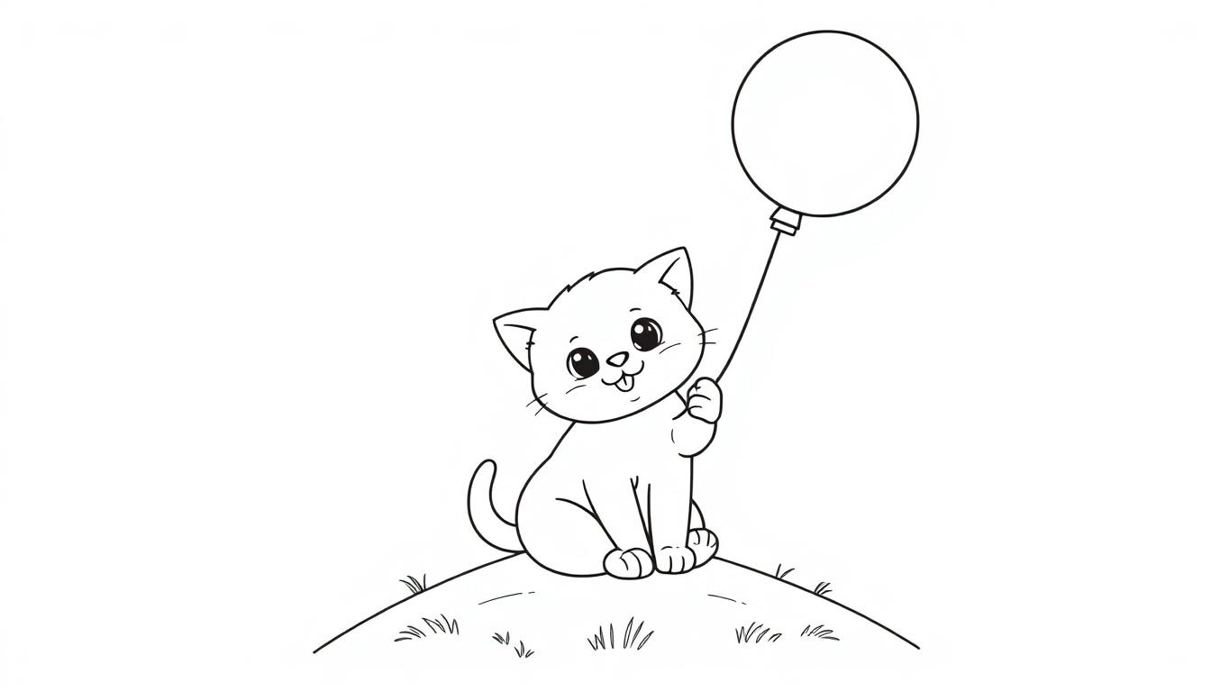 Eine niedliche Cartoon-Katze sitzt auf einem Hügel und hält einen Ballon, bereit zum Ausmalen als Farbtafel.