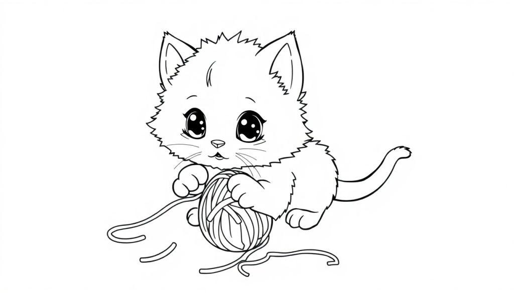 Schwarz-weiße Farbtafel einer niedlichen Cartoon-Katze, die mit einem Wollknäuel spielt.
