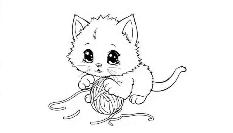 Schwarz-weiße Farbtafel einer niedlichen Cartoon-Katze, die mit einem Wollknäuel spielt.