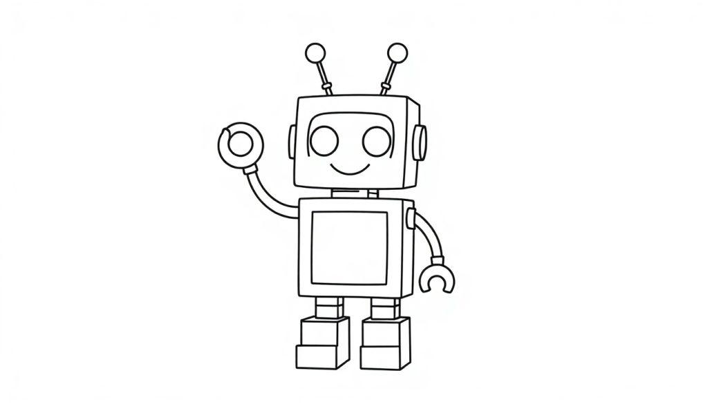 Eine niedliche, cartoonartige Schwarz-Weiß-Farbtafel eines Roboters, der aus einfachen geometrischen Formen besteht.