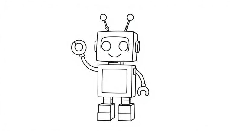 Eine niedliche, cartoonartige Schwarz-Weiß-Farbtafel eines Roboters, der aus einfachen geometrischen Formen besteht.