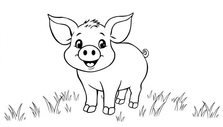Eine Schwarz-Weiß-Farbtafel eines niedlichen kleinen Schweins mit großen Ohren und einem geringelten Schwanz, das in Gras steht und lächelt.
