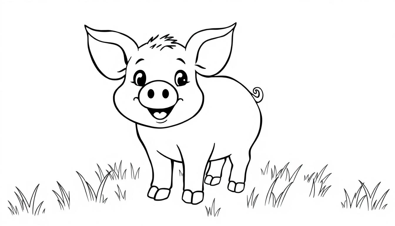 Eine Schwarz-Weiß-Farbtafel eines niedlichen kleinen Schweins mit großen Ohren und einem geringelten Schwanz, das in Gras steht und lächelt.