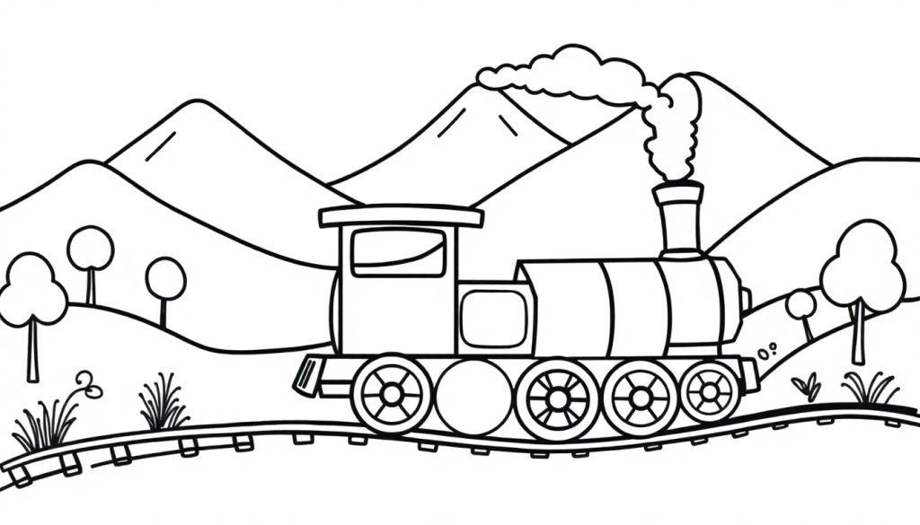 Schwarz-Weiß-Farbtafel einer niedlichen Dampflokomotive, die durch eine Berglandschaft fährt, mit Dampf aus dem Schornstein.