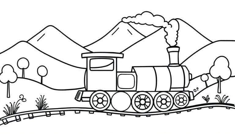 Schwarz-Weiß-Farbtafel einer niedlichen Dampflokomotive, die durch eine Berglandschaft fährt, mit Dampf aus dem Schornstein.