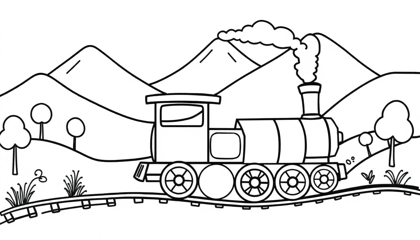 Schwarz-Weiß-Farbtafel einer niedlichen Dampflokomotive, die durch eine Berglandschaft fährt, mit Dampf aus dem Schornstein.