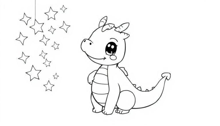Ein niedlicher Cartoon-Drache in Schwarz-Weiß vor einem sternenübersäten Hintergrund, bereit zum Ausmalen. Farbtafel für Kinder.