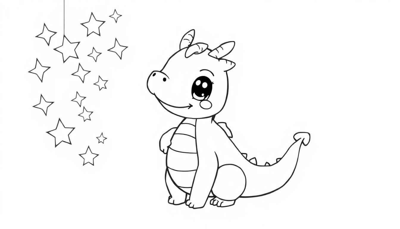 Ein niedlicher Cartoon-Drache in Schwarz-Weiß vor einem sternenübersäten Hintergrund, bereit zum Ausmalen. Farbtafel für Kinder.
