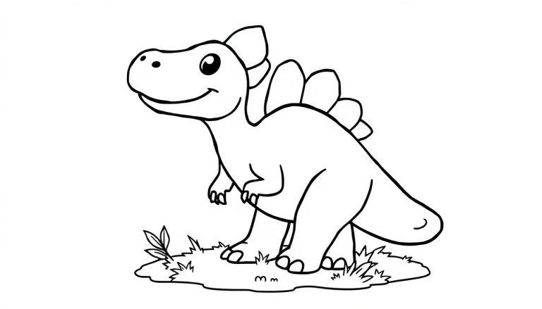 Schwarz-weiße Farbtafel eines freundlichen Cartoon-Dinosauriers mit großen Augen und Platten auf dem Rücken.