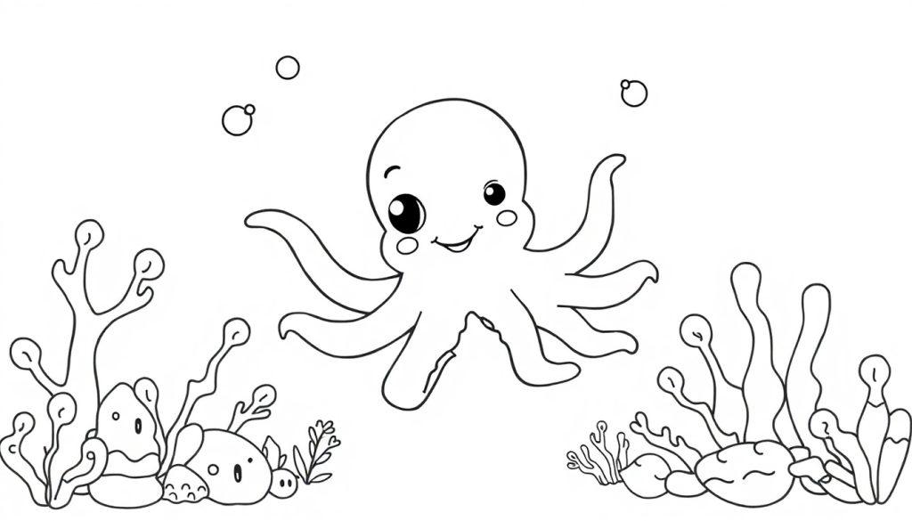 Schwarz-weiße Farbtafel-Zeichnung eines niedlichen Oktopus mit großen Augen und einem Lächeln im Wasser.