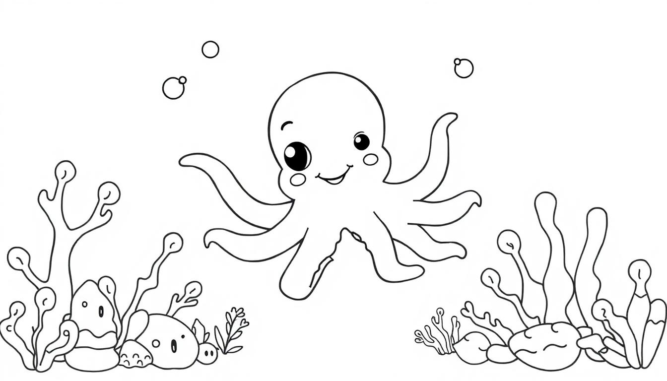 Schwarz-weiße Farbtafel-Zeichnung eines niedlichen Oktopus mit großen Augen und einem Lächeln im Wasser.