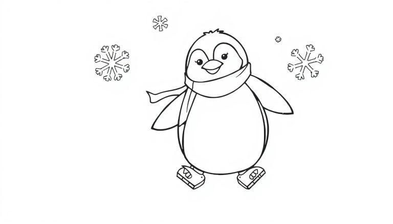 Eine Schwarz-Weiß-Farbtafel eines niedlichen Pinguins mit Schärpe und Schlittschuhen, umgeben von Schneeflocken.