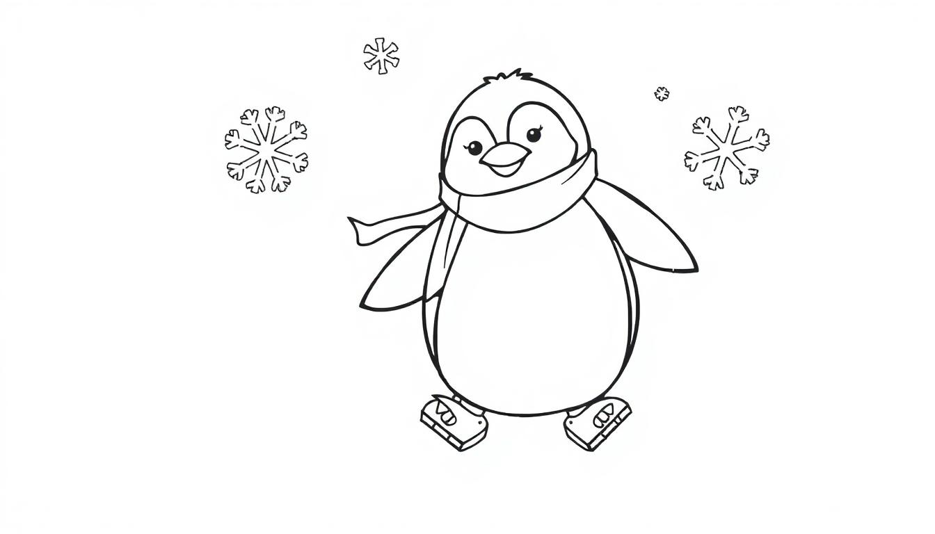 Eine Schwarz-Weiß-Farbtafel eines niedlichen Pinguins mit Schärpe und Schlittschuhen, umgeben von Schneeflocken.