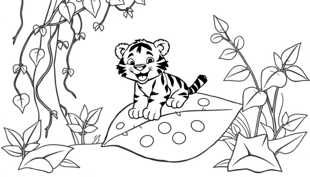 Schwarz-Weiß-Farbtafel eines niedlichen Tigerjungen, der lächelnd auf einem großen Blatt sitzt, umgeben von Dschungelpflanzen.