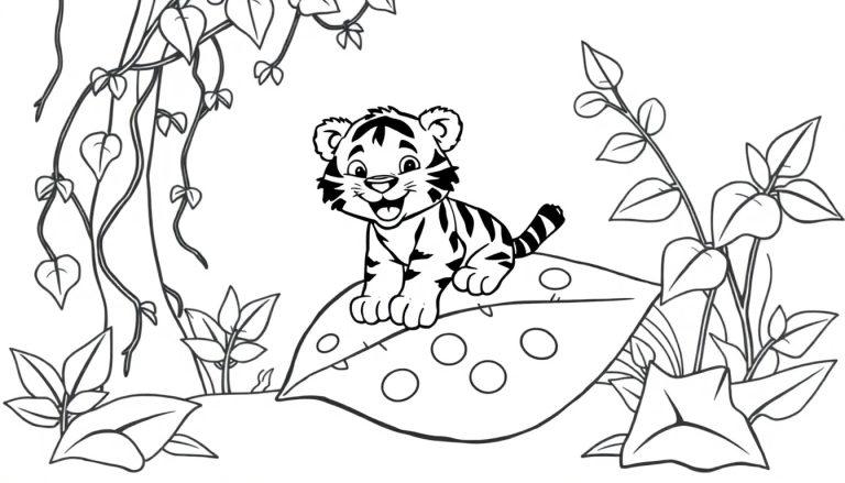 Schwarz-Weiß-Farbtafel eines niedlichen Tigerjungen, der lächelnd auf einem großen Blatt sitzt, umgeben von Dschungelpflanzen.