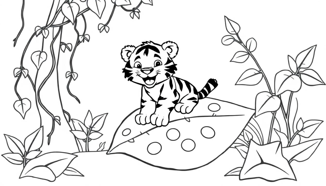 Schwarz-Weiß-Farbtafel eines niedlichen Tigerjungen, der lächelnd auf einem großen Blatt sitzt, umgeben von Dschungelpflanzen.
