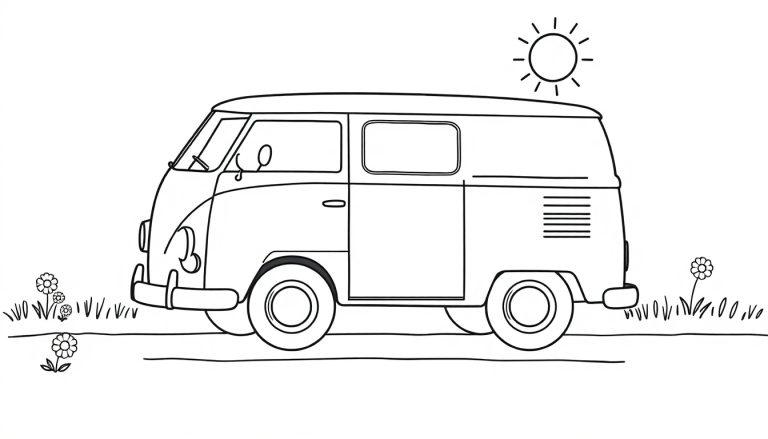 Schwarz-weiße Farbtafel eines niedlichen VW Busses auf einer Straße mit Blumen und einer stilisierten Sonne.