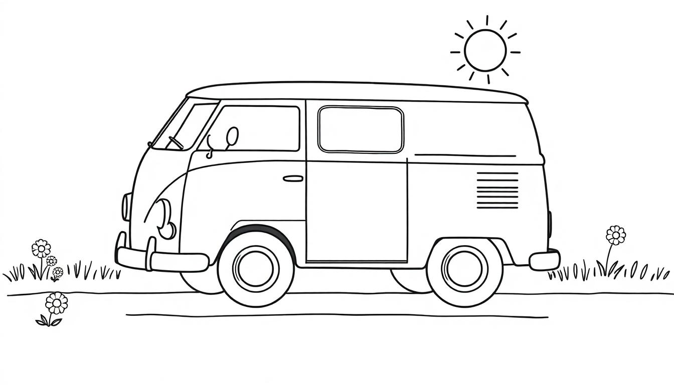 Schwarz-weiße Farbtafel eines niedlichen VW Busses auf einer Straße mit Blumen und einer stilisierten Sonne.