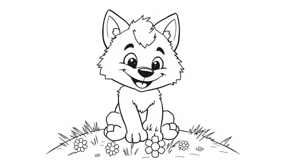 Eine schwarz-weiße Farbtafel-Zeichnung eines niedlichen Cartoon-Wolfswelpen, der auf einem Hügel sitzt.