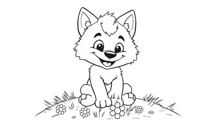 Eine schwarz-weiße Farbtafel-Zeichnung eines niedlichen Cartoon-Wolfswelpen, der auf einem Hügel sitzt.