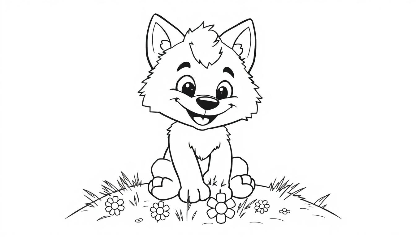 Eine schwarz-weiße Farbtafel-Zeichnung eines niedlichen Cartoon-Wolfswelpen, der auf einem Hügel sitzt.