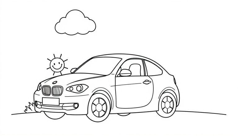 Schwarz-weiße Cartoon-Farbtafel eines niedlichen kleinen Autos mit lächelnder Sonne und Wolke.