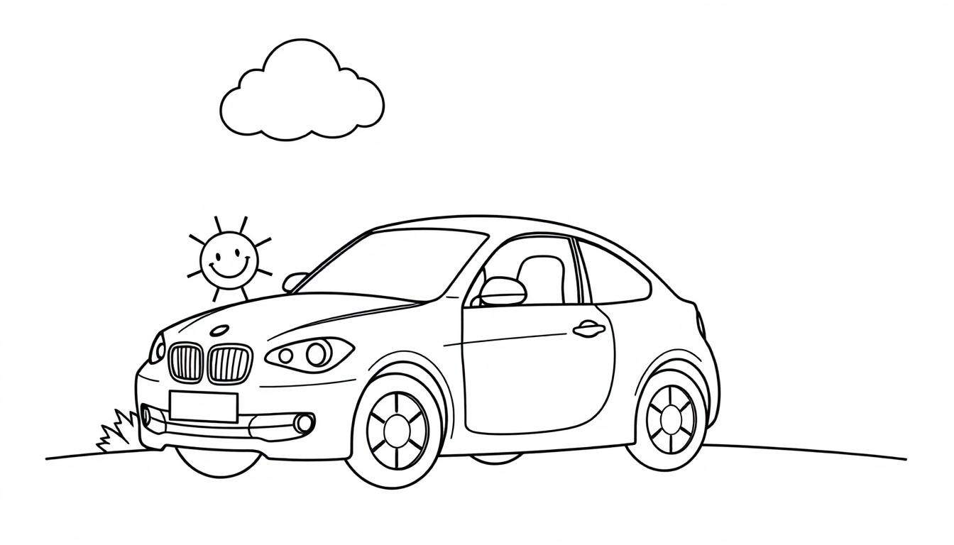 Schwarz-weiße Cartoon-Farbtafel eines niedlichen kleinen Autos mit lächelnder Sonne und Wolke.
