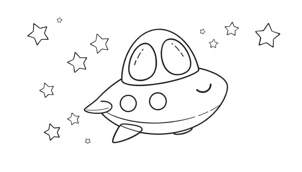 Schwarz-weiße Cartoon-Farbtafel eines UFOs mit Fenstern und Sternen.