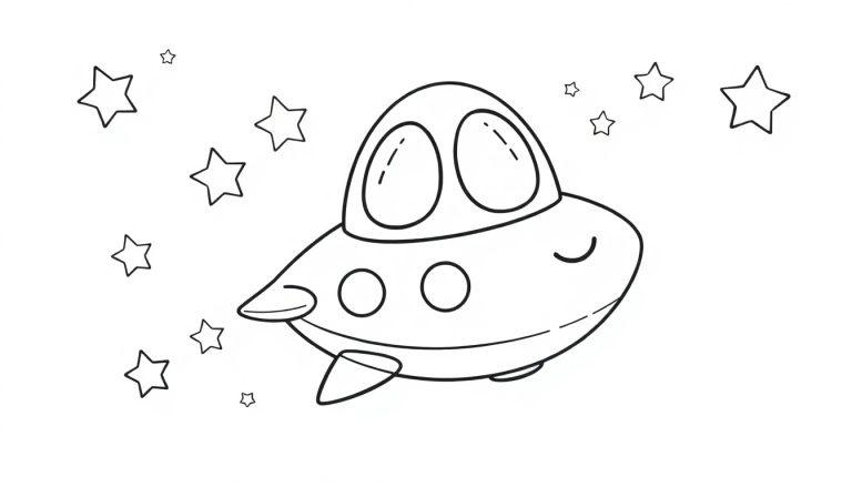Schwarz-weiße Cartoon-Farbtafel eines UFOs mit Fenstern und Sternen.