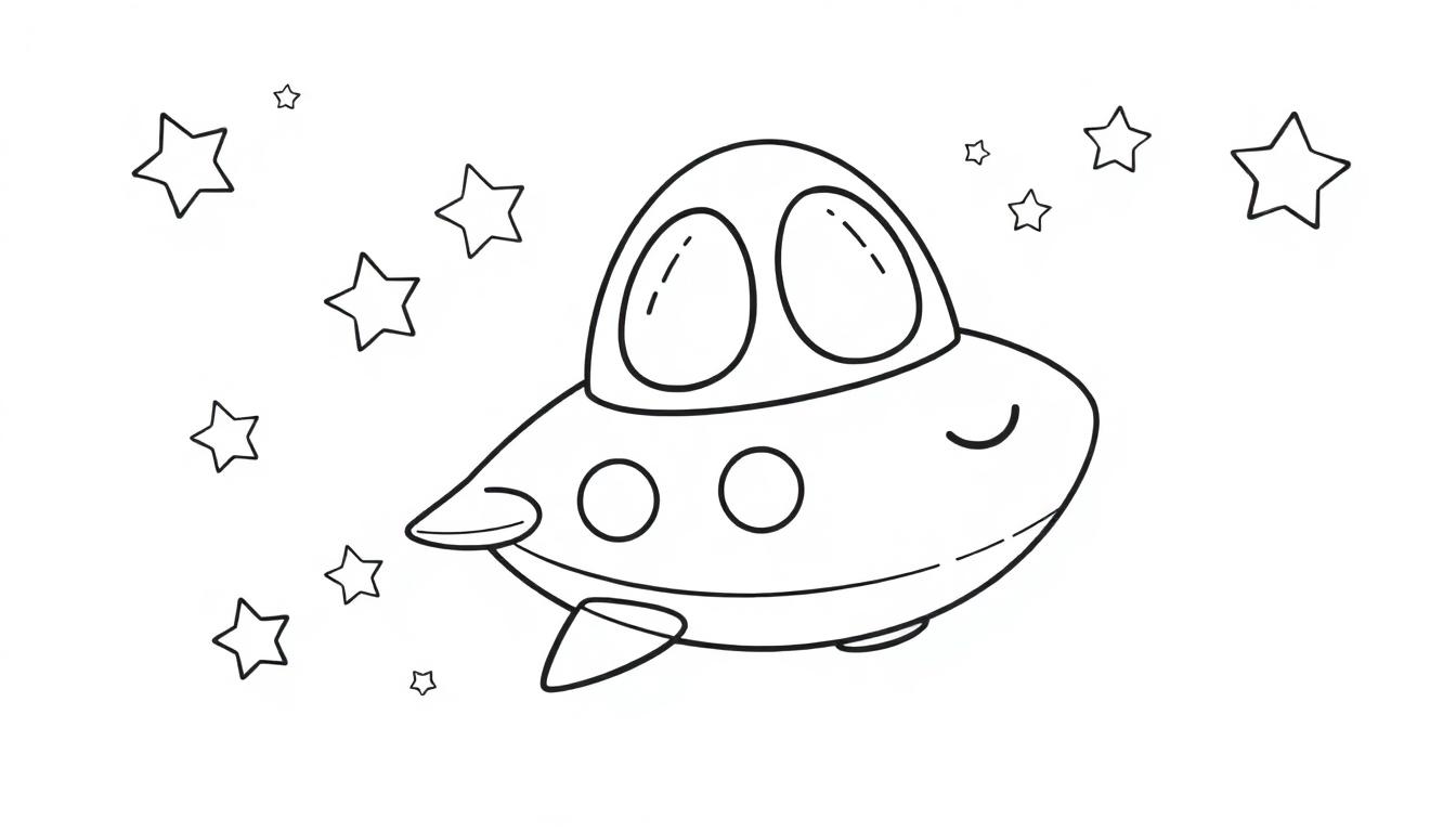 Schwarz-weiße Cartoon-Farbtafel eines UFOs mit Fenstern und Sternen.
