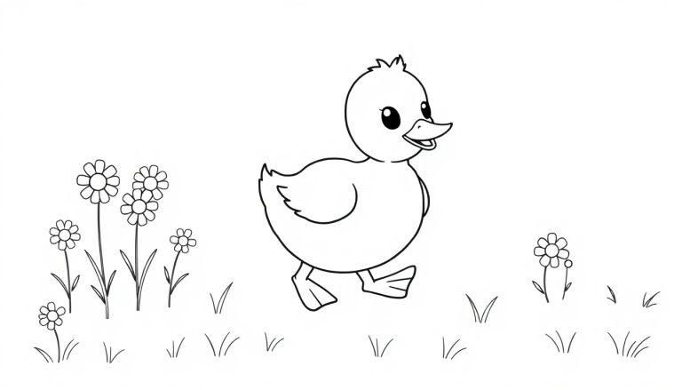 Schwarz-Weiß-Farbtafel einer kleinen Ente, die auf einer blumenreichen Wiese spaziert.