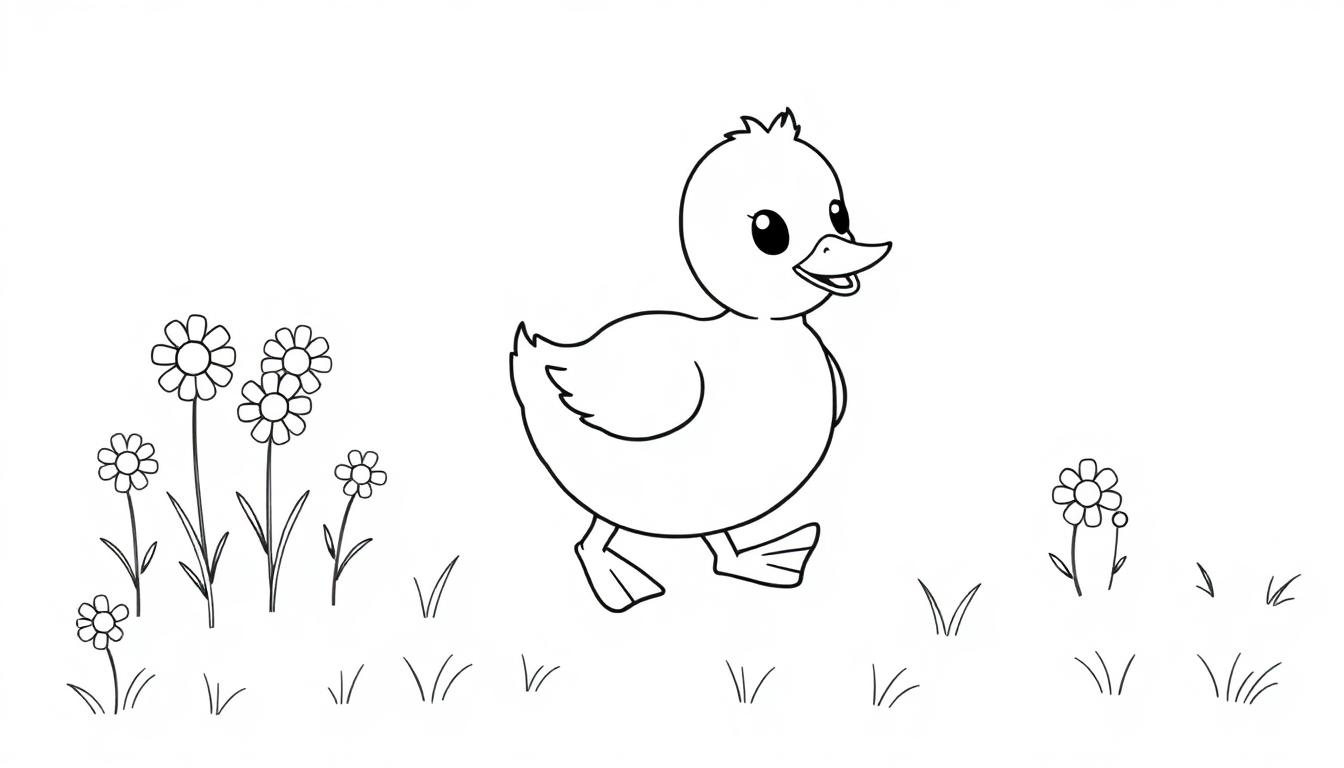 Schwarz-Weiß-Farbtafel einer kleinen Ente, die auf einer blumenreichen Wiese spaziert.