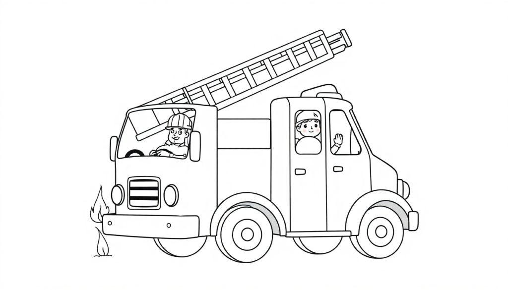 Schwarz-weiße Farbtafel-Zeichnung eines niedlichen Cartoon-Feuerwehrautos mit einer langen Leiter auf dem Dach und zwei fröhlichen Feuerwehrmännern, einer am Steuer und einer winkend. Vor dem Auto ist eine kleine Flamme zu sehen.