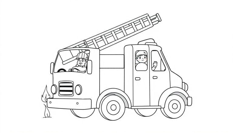 Schwarz-weiße Farbtafel-Zeichnung eines niedlichen Cartoon-Feuerwehrautos mit einer langen Leiter auf dem Dach und zwei fröhlichen Feuerwehrmännern, einer am Steuer und einer winkend. Vor dem Auto ist eine kleine Flamme zu sehen.